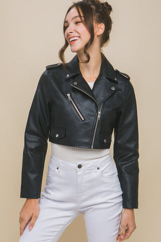 Faux Leather Cropped Jacket in Black