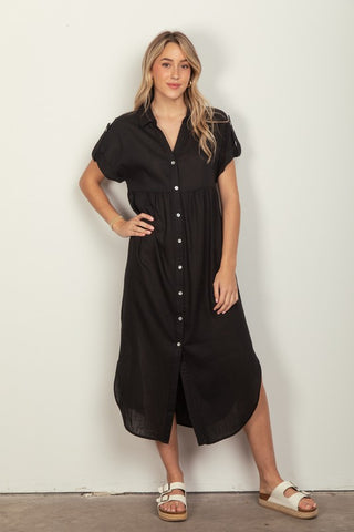 Oversized Linen Blend Midi Dress in Black