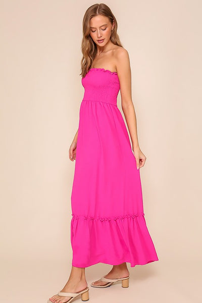 Strapless Smocked Top Maxi Dress in Pink