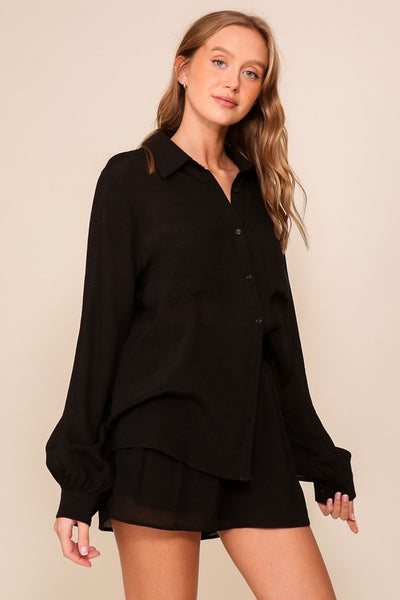 Linen Blend Long Sleeve Shirt in Black