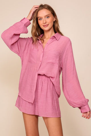 Linen Blend Long Sleeve Shirt in Rose