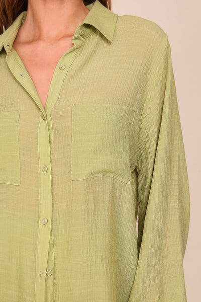 Linen Blend Long Sleeve Shirt in Sage