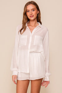 Linen Blend Long Sleeve Shirt in White