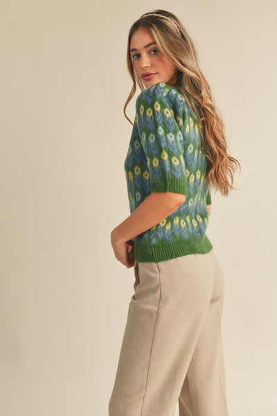 Floral Pattern Puff Sleeve Sweater in Green