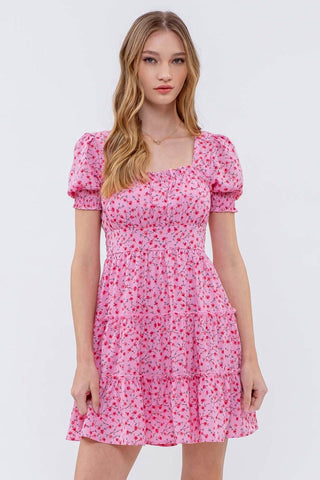 Blossom Print Tiered Mini Dress in Pink