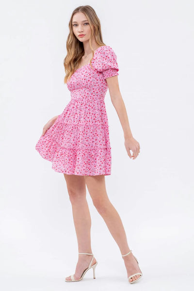 Blossom Print Tiered Mini Dress in Pink