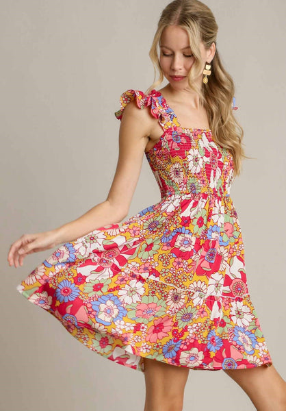 Flutter Sleeve Floral Print Dress in Mustard Mix