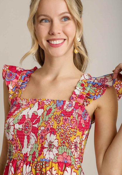 Flutter Sleeve Floral Print Dress in Mustard Mix