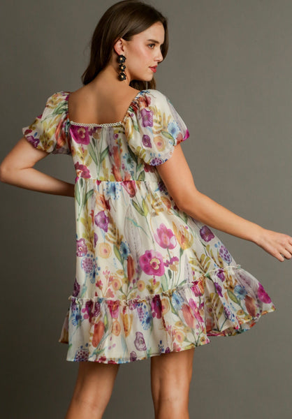 Organza Trim Floral Print Dress in Cream