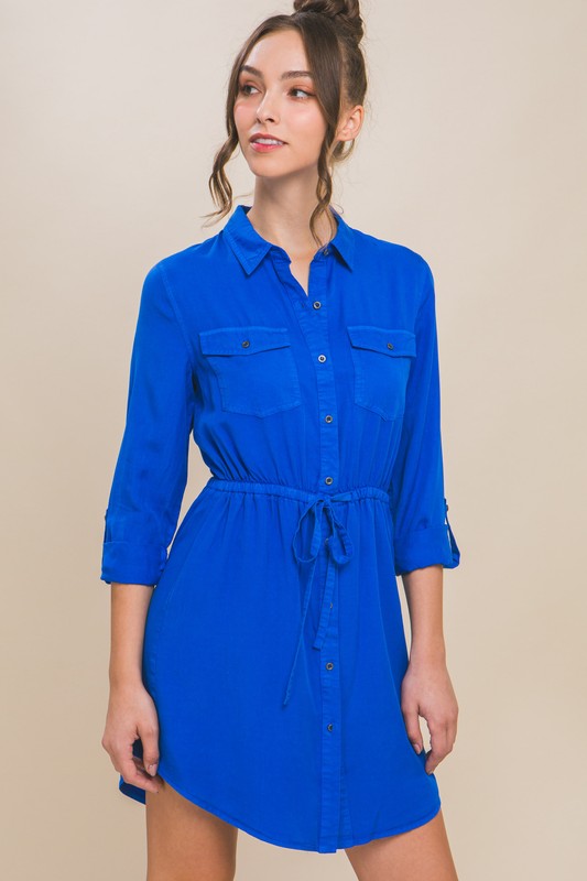 Button Down Mini Shirt Dress in Cobalt