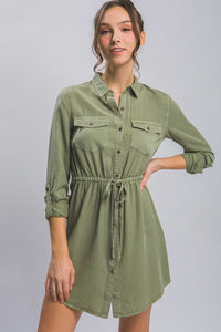 Button Down Mini Shirt Dress in Olive