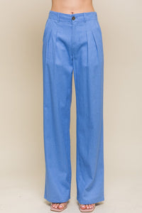 Linen Blend Tailored Wide Leg Pants in Blue