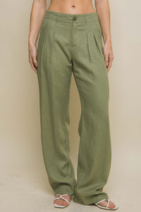 Linen Blend Tailored Wide Leg Pants in Olive