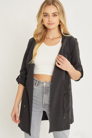 Oversized Hooded Trench Jacket in Black
