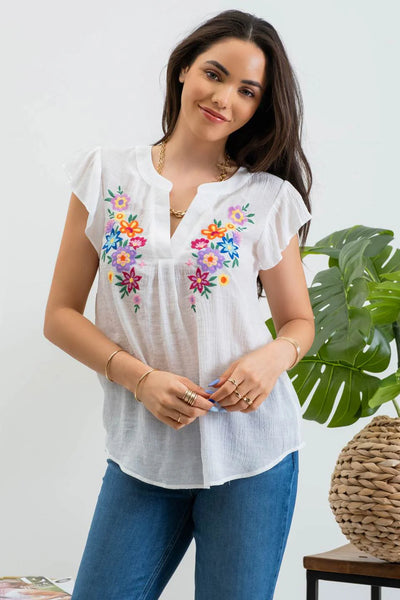 Floral Embroidery Blouse in White