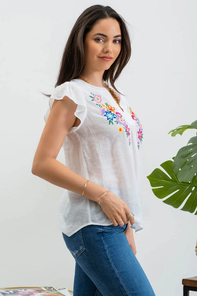 Floral Embroidery Blouse in White