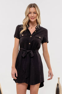 Button Down Belted Mini Dress in Black