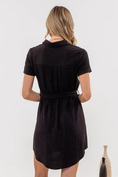 Button Down Belted Mini Dress in Black
