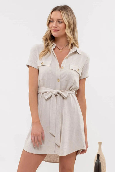 Button Down Belted Mini Dress in Natural