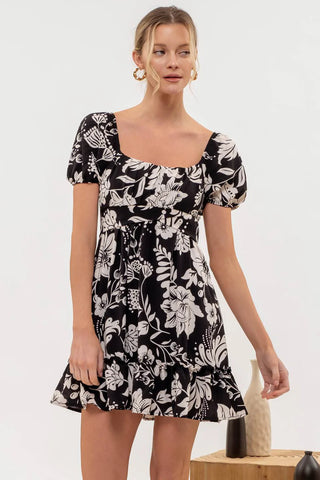 Floral Puff Sleeve Mini Dress in Black