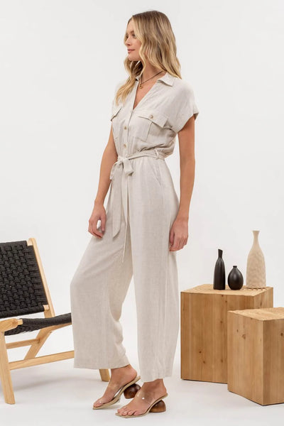 Button Down Belted Jumpsuit in Natural