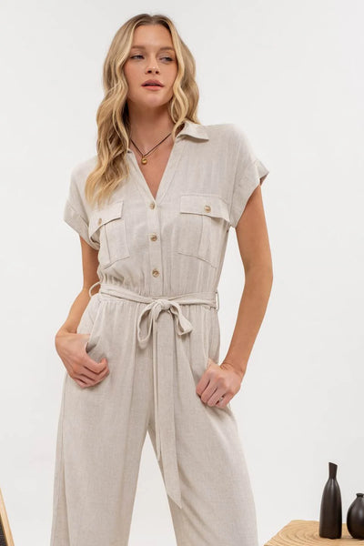 Button Down Belted Jumpsuit in Natural