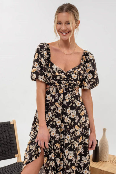 Puff Sleeve Cut Out Midi Dress in Black Combo