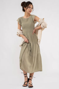 Smocked Tiered Dress in Olive