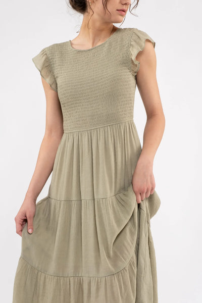 Smocked Tiered Dress in Olive