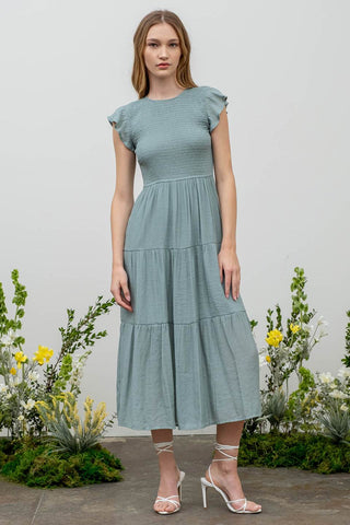 Smocked Tiered Dress in Dusty Sage