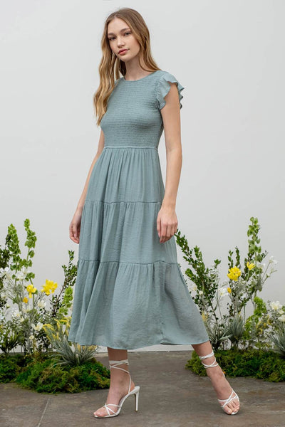 Smocked Tiered Dress in Dusty Sage