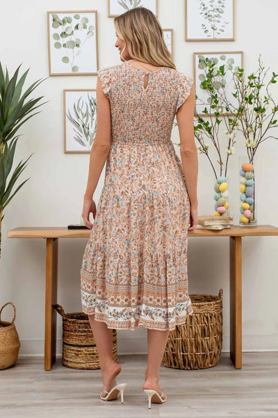 Floral Border Print Midi Dress in Peach Combo