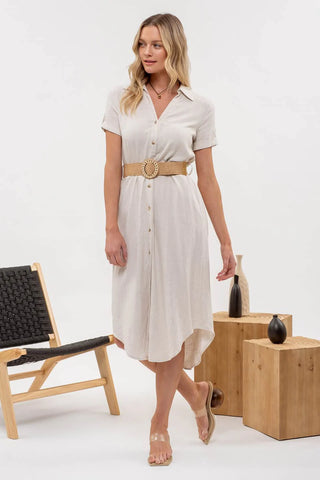 Collared Button Down Belted Dress in Natural