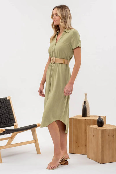 Collared Button Down Belted Dress in Olive