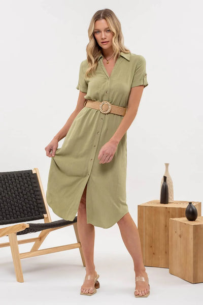 Collared Button Down Belted Dress in Olive