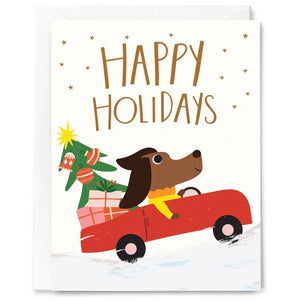 Dog In Car Holiday Greeting Card