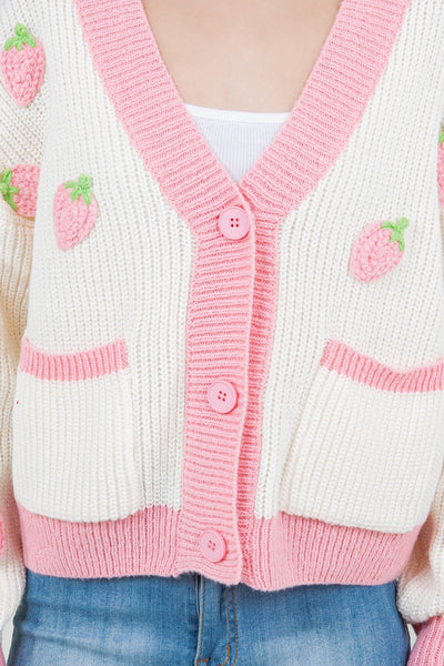 Contrast Knit Strawberry Cardigan in Pink