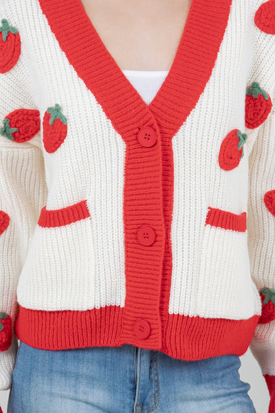 Contrast Knit Strawberry Cardigan in Red