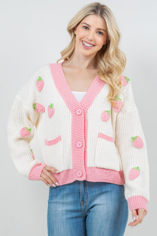 Contrast Knit Strawberry Cardigan in Pink