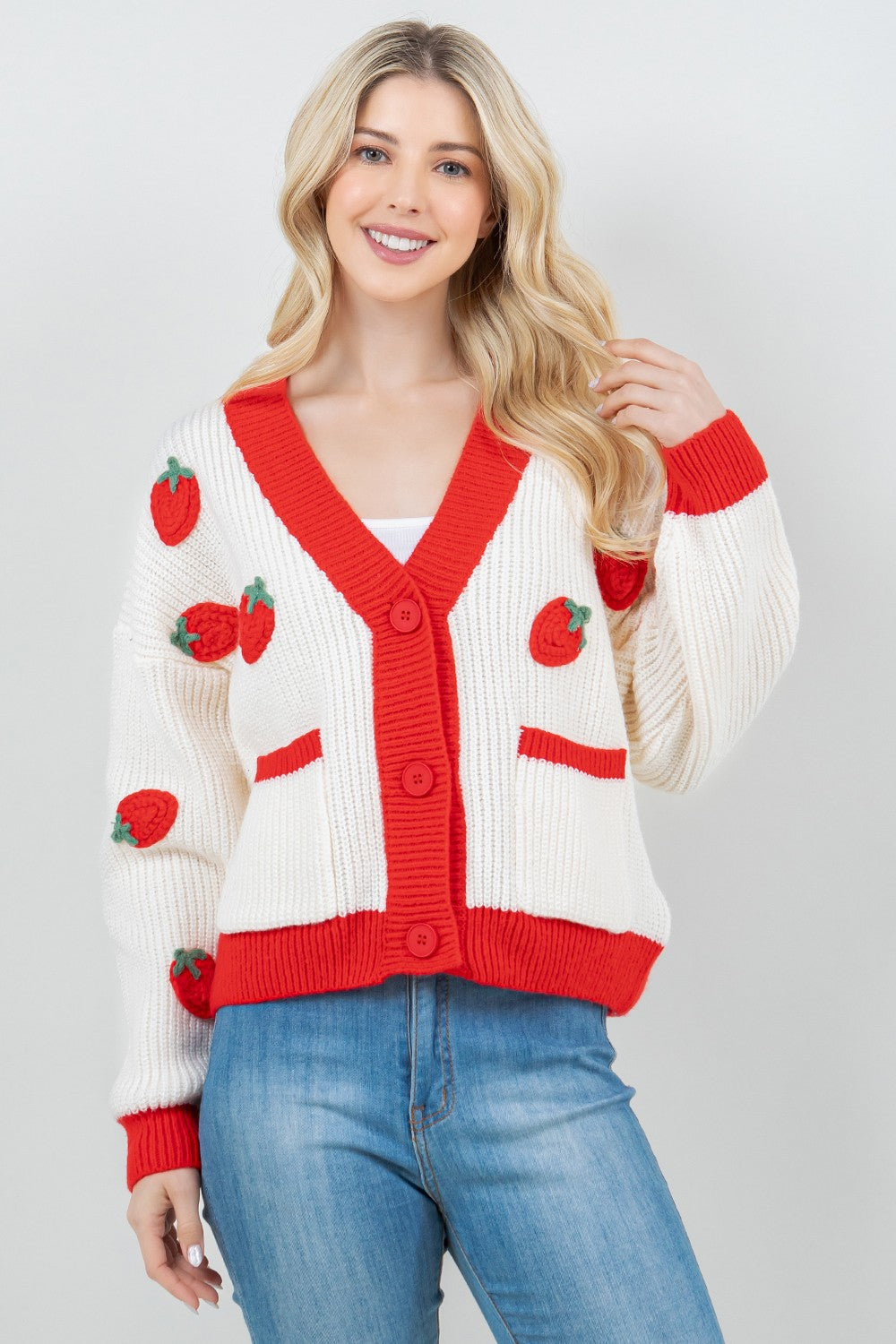 Contrast Knit Strawberry Cardigan in Red