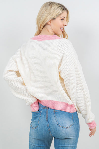 Contrast Knit Strawberry Cardigan in Pink
