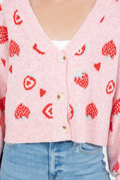 Strawberry Heart Knit Cardigan in Pink