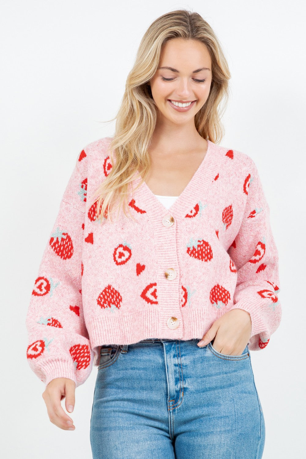 Strawberry Heart Knit Cardigan in Pink