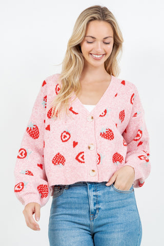 Strawberry Heart Knit Cardigan in Pink
