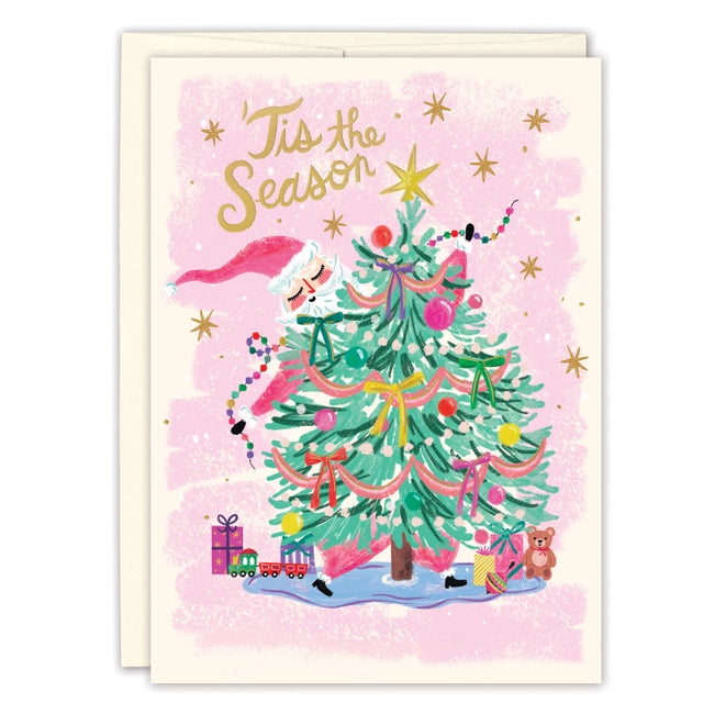 Santa Trimming Tree Greeting Card