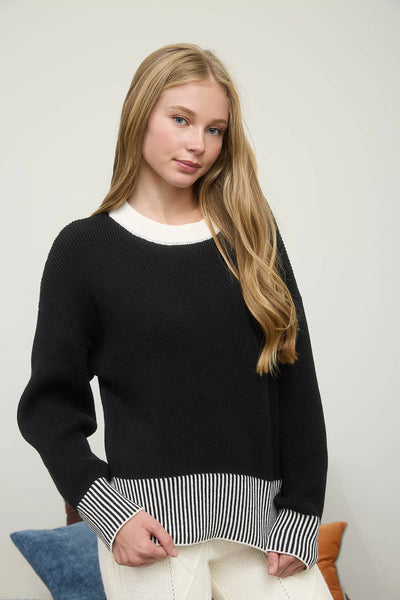 Contrast Hem Button Back Sweater in Black