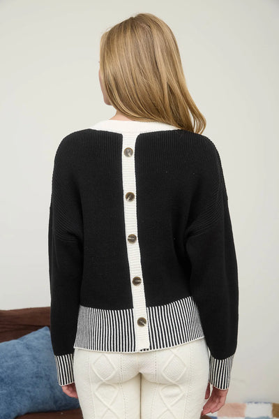 Contrast Hem Button Back Sweater in Black