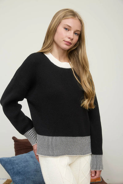 Contrast Hem Button Back Sweater in Black
