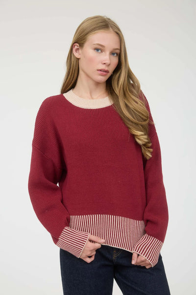 Contrast Hem Button Back Sweater in Burgundy