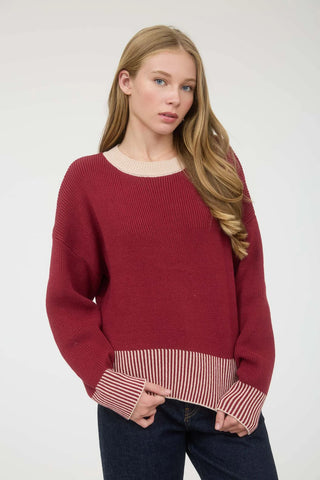 Contrast Hem Button Back Sweater in Burgundy